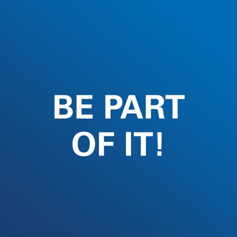 White text with invitation "Be Part of it" on a blue square background