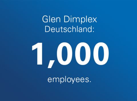 Blue background with white text on it: Glen Dimplex Deutschland: 1000 employees