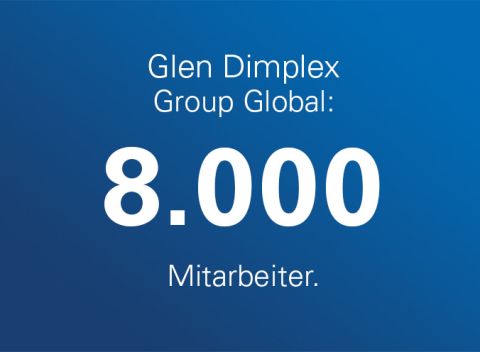 Blauer Hintergrund mit weißem Text: Glen Dimplex Group Global: 8000 Mitarbeiter
