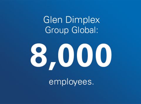 Blue background with white text on it: Glen Dimplex Group Global: 8,000 employees