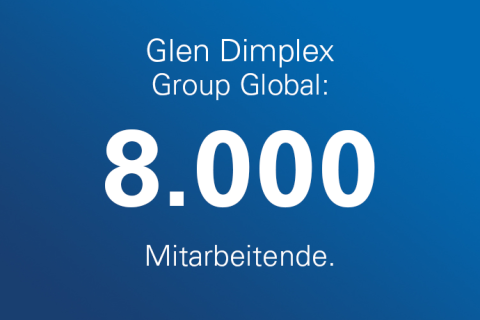 Blauer Hintergrund mit weißem Text: Glen Dimplex Group Global: 8000 Mitarbeitende.